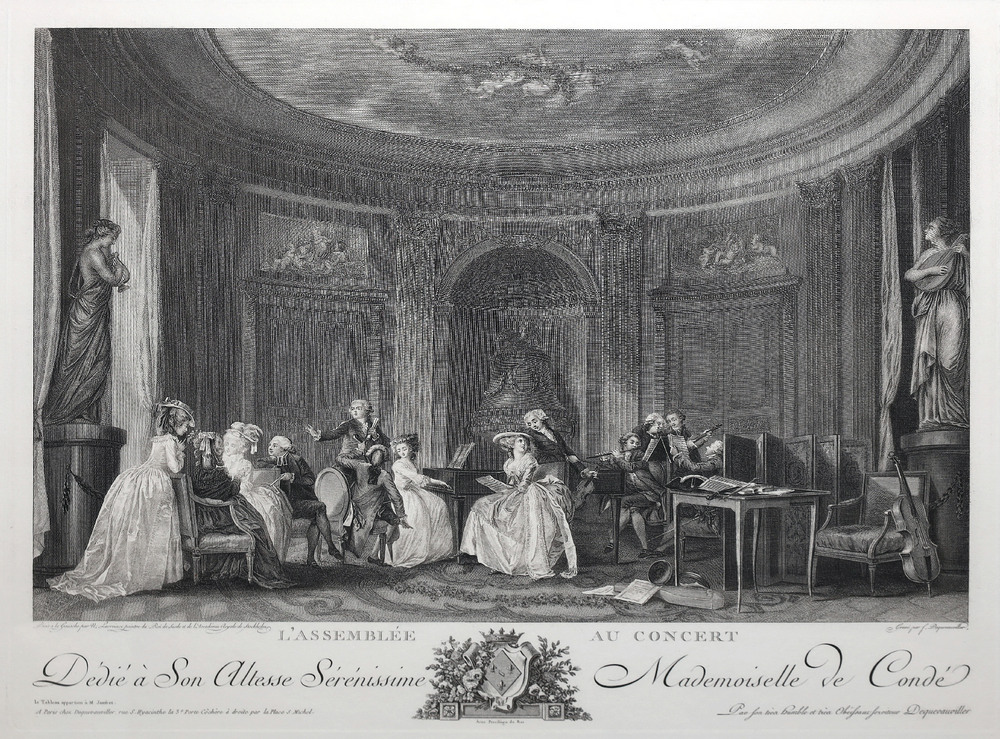 Гравер: Декевовилле/ Dequevauviller Н. (1745-1807), Автор оригинала: Лаврейнс ( Лафренсен) ( Lavreince (Lafrensen), младший Н. ( 1737 - 1807). Концерт. Париж, 1783-1784. Бумага. Офорт, резец