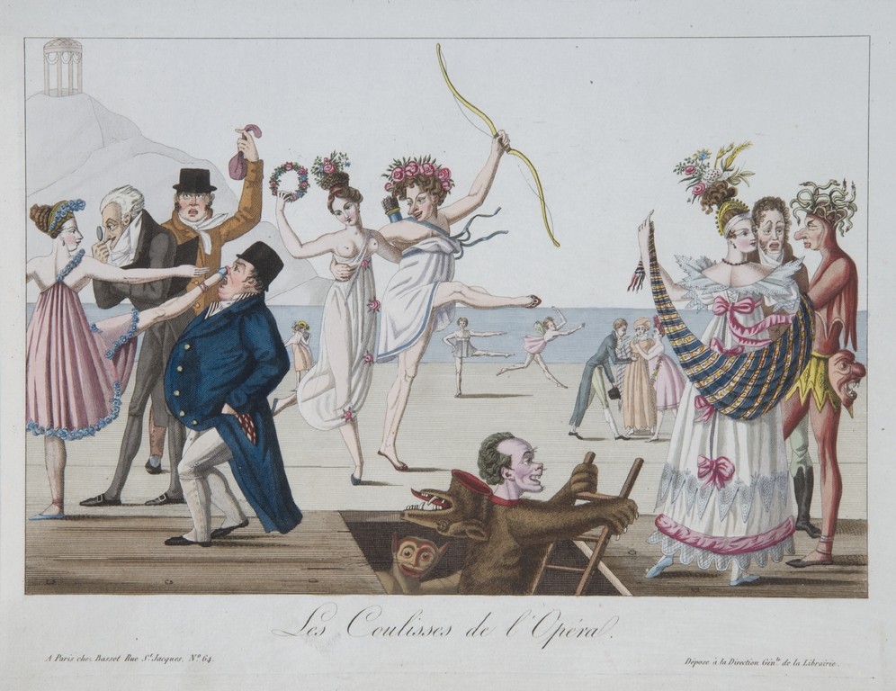 За кулисами Парижской оперы. Неизвестный художник. Гравюра офортом, акварель, белила. 1815