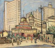 Е. Куманьков. Арбатская площадь. 1971. Бумга, цветные карандаши.