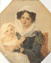 П.Ф. Соколов. Портрет княгини М. Н. Волконской с сыном Николаем. 1826. Бумага, акварель, карандаш, лак.