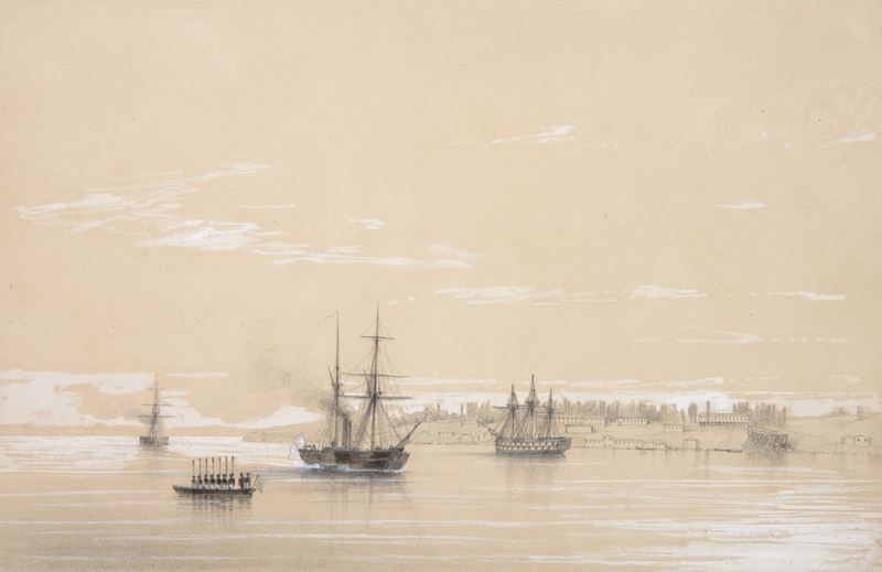 Айвазовский И.К. (1817 – 1900). Флагманский корабль в сопровождении двух боевых и шлюпка у берегов Николаева. Из серии эскизов, исполненных во время маневров на Черном море. 1845 (1846 ?). Бумага тонированная, карандаш, белила, акварель Айвазовский И.К. (1817 – 1900). Флагманский корабль в сопровождении двух боевых и шлюпка у берегов Николаева. Из серии эскизов, исполненных во время маневров на Черном море. 1845 (1846 ?). Бумага тонированная, карандаш, белила, акварель