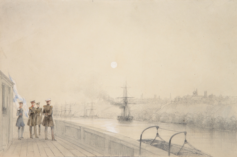 Айвазовский И.К. (1817 – 1900). Император Николай I и великий князь Константин Николаевич на борту корабля у берегов Одессы (Николаева). Из серии эскизов, исполненных во время маневров на Черном море. 1845 (1846). Бумага тонированная, карандаш, акварель, белила Айвазовский И.К. (1817 – 1900). Император Николай I и великий князь Константин Николаевич на борту корабля у берегов Одессы (Николаева). Из серии эскизов, исполненных во время маневров на Черном море. 1845 (1846). Бумага тонированная, карандаш, акварель, белила