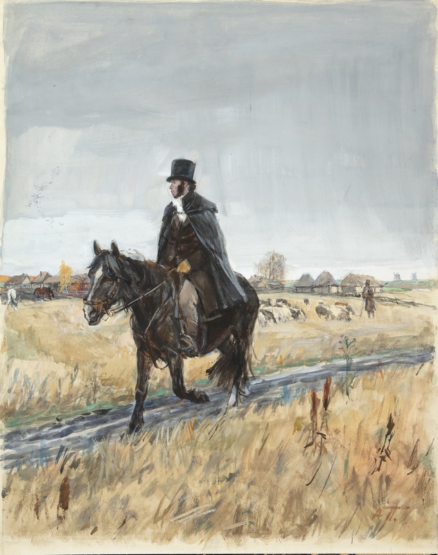 Пластов А.А. (1893-1972) Пушкин в Болдине. Из цикла иллюстраций к повести "Капитанская дочка". 1949. Бумага, гуашь Пластов А.А. (1893-1972) Пушкин в Болдине. Из цикла иллюстраций к повести "Капитанская дочка". 1949. Бумага, гуашь