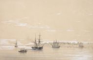 Айвазовский И.К. (1817 – 1900). Флагманский корабль в сопровождении двух боевых и шлюпка у берегов Николаева. Из серии эскизов, исполненных во время маневров на Черном море. 1845 (1846 ?). Бумага тонированная, карандаш, белила, акварель